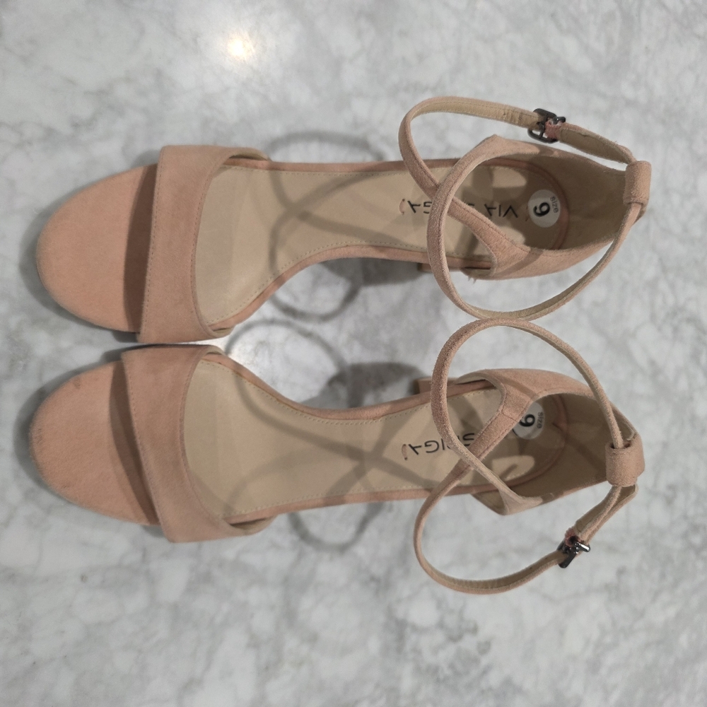 NEW Via Spiga Suede Pink Nude‎ Open Toe Block Heels 9 - Picture 3 of 7